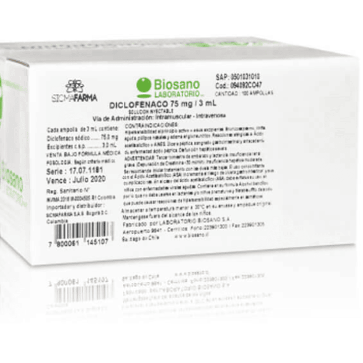 Diclofenaco Sódico 75 mg Solución inyectable 100 ampollas 3 ml. Biosano, se vende por caja. 1