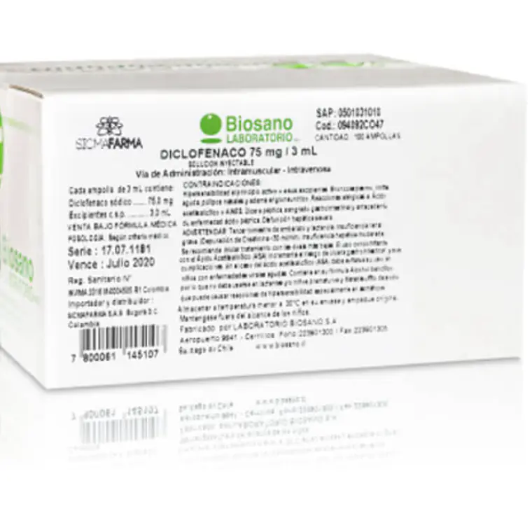 Diclofenaco sódico 75 mg Solución inyectable 100 ampollas 3 ml. Biosano 1