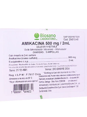Amikacina 500 mg Solución inyectable 5 Ampollas 2 ml. Biosano