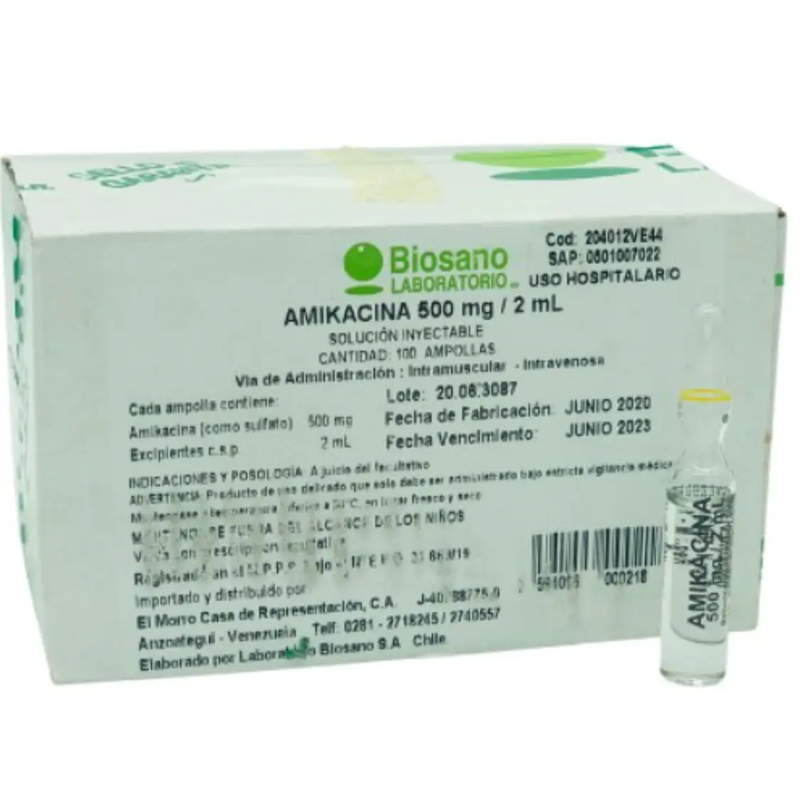 Amikacina 500 mg Solución inyectable 100 Ampollas 2 ml. Biosano  1