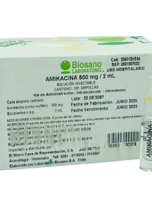 Amikacina 500 mg Solución inyectable 100 Ampollas 2 ml. Biosano 