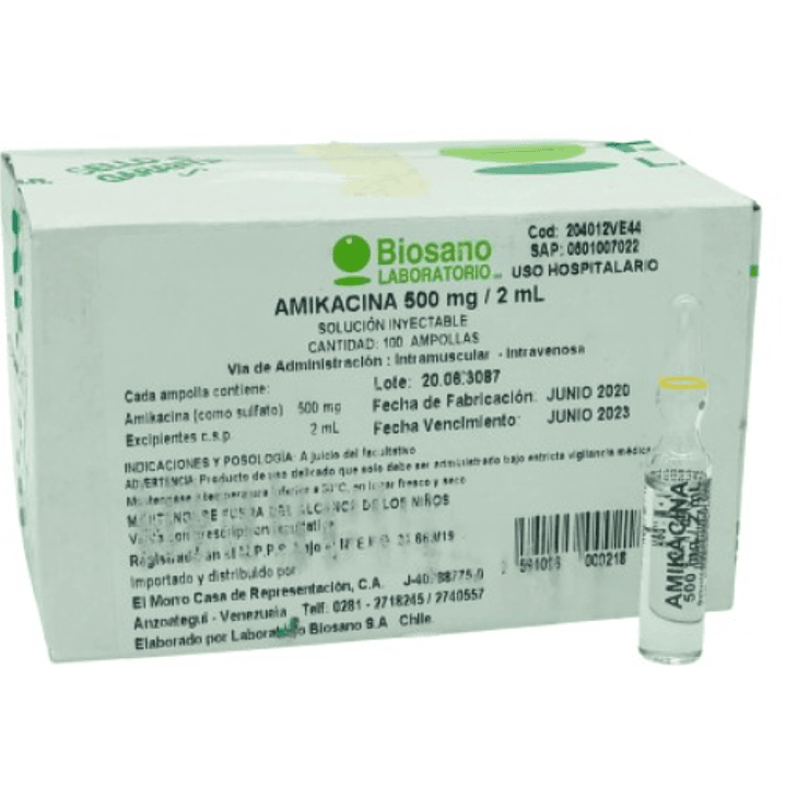 Amikacina 500 mg Solución inyectable 100 Ampollas de 2 ml. Biosano ( se vende por caja ) 1