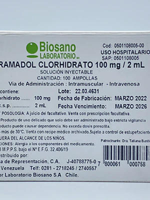 Tramadol 100 mg Solución inyectable 2 ml 100 Ampollas. Biosano 