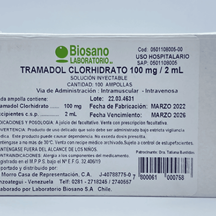 Tramadol 100 mg Solución inyectable 100 Ampollas 2 ml. Biosano ( venta por caja) 1