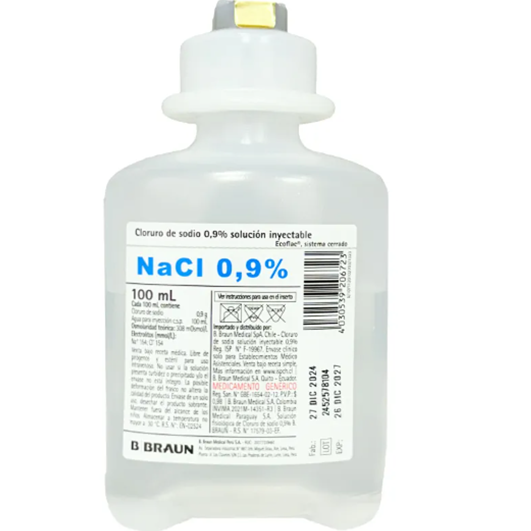Cloruro de sodio 0,9% Solución inyectable 100 ml caja de 50 unidades. Braun (Precio unitario se vende por caja) 1