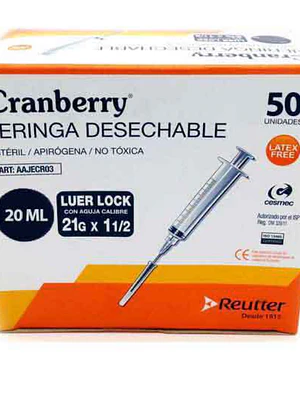Jeringa desechable 20 ml Luer lock 21g x 1 1/2  Cranberry 50 unidades. Reutter