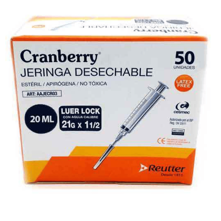 Jeringa desechable 20 ml Luer lock 21g x 1. 1/2 50 unidades. Cranberry Reutter 1