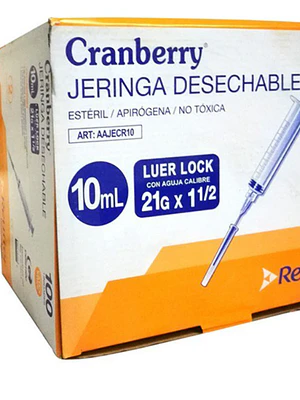 Jeringa desechable 10 ml Luer lock 21g x 1. 1/2 100 unidades. Cranberry Reutter