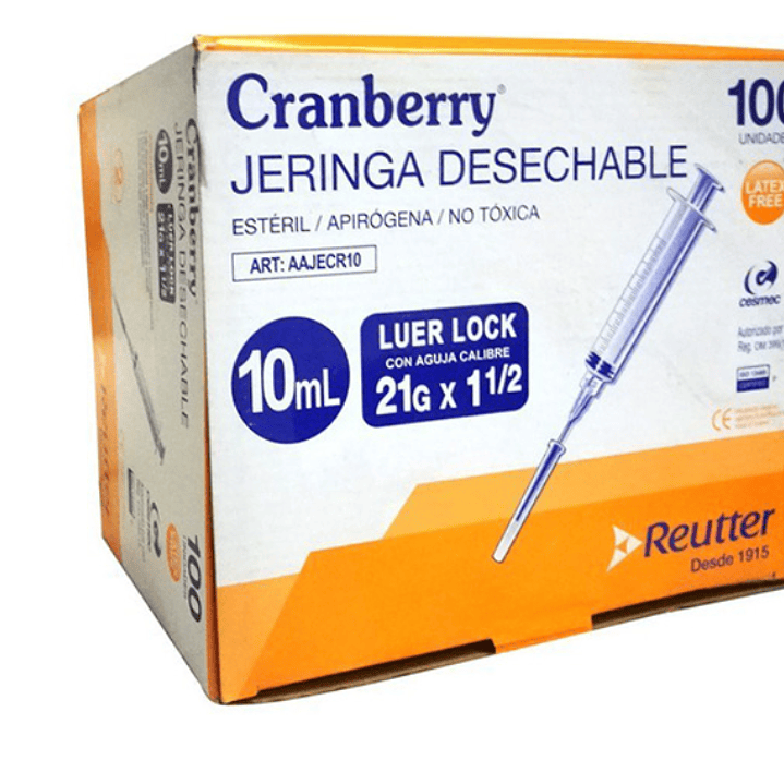 Jeringa desechable 10 ml Luer lock 21g x 1. 1/2 100 unidades. Cranberry Reutter 1