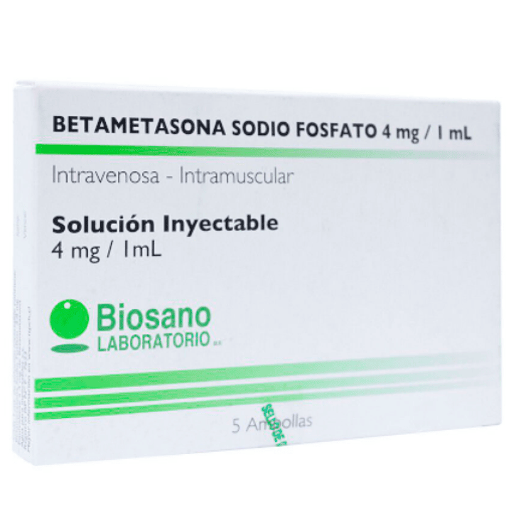 Betametasona sodio fosfato  4 mg / 1 ml 5 Ampollas inyectables 1 ml. Biosano  1