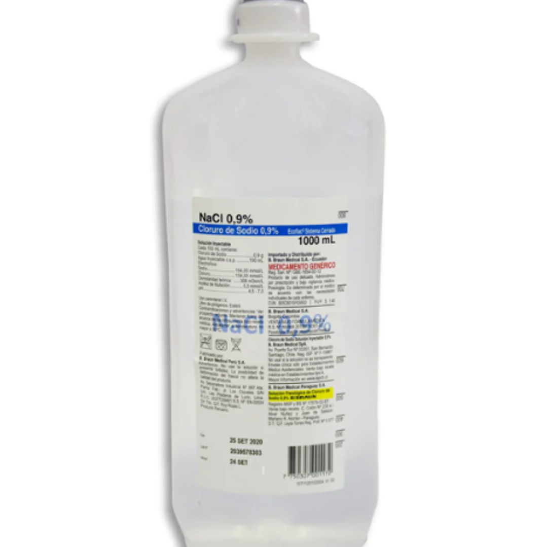 Cloruro de sodio 0,9 % Solución inyectable 1000 ml, caja 12 unidades. Braun ( Se vende por caja, precio unitario ) 1