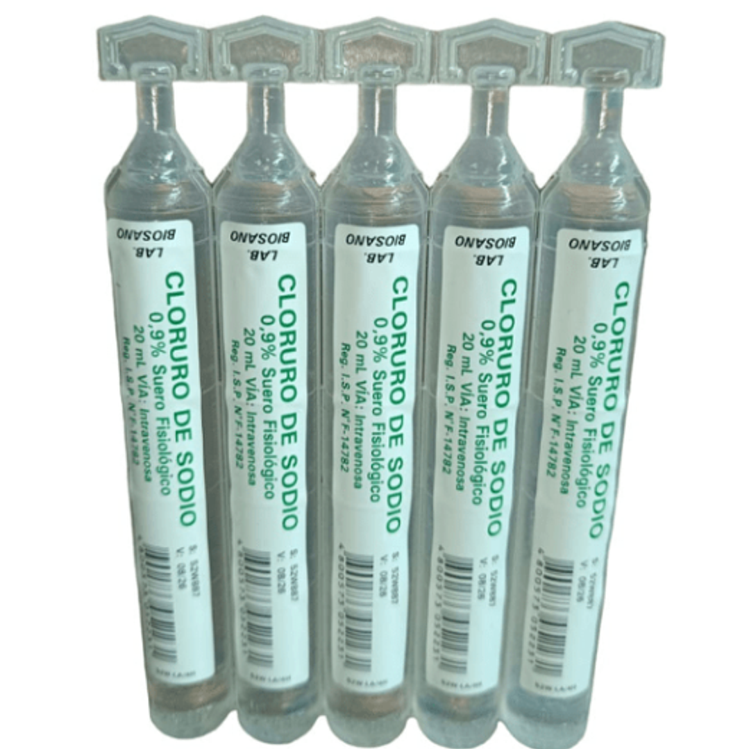Cloruro de sodio 0,9 % Solución salina 100 botellitas de 20 ml. Biosano ( Se vende por caja) 1