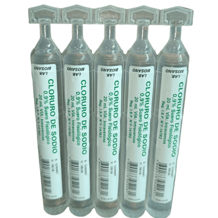 Cloruro de sodio 0,9 % Solución salina 100 botellitas de 20 ml. Biosano ( Se vende por caja) 1