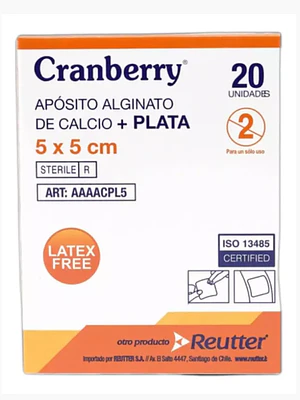 Apósito alginato de calcio+plata 5 x 5 cm 20 unidades. Cranberry Reutter.