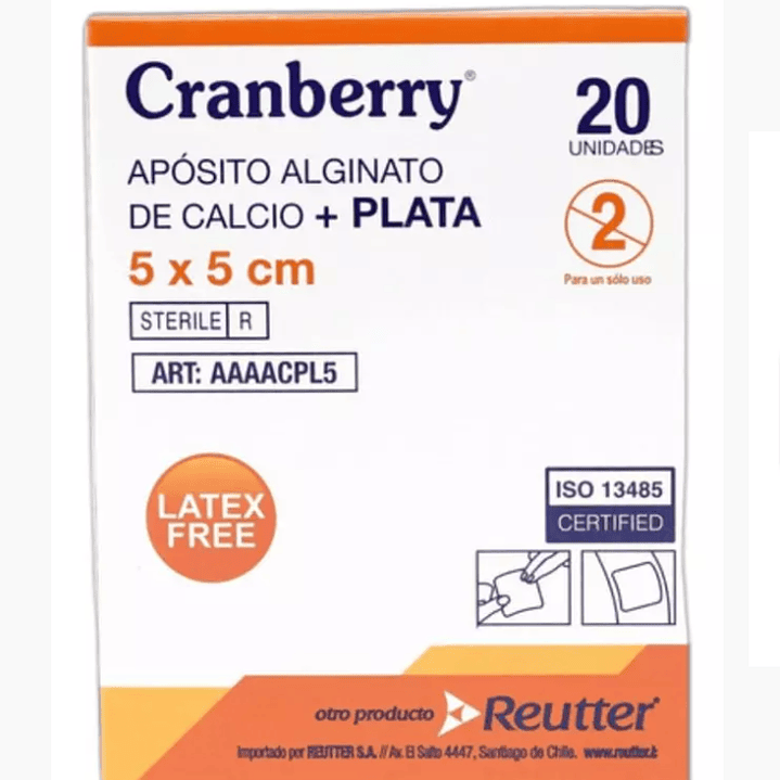 Apósito alginato de calcio+plata 5 x 5 cm 20 unidades. Cranberry Reutter. 1
