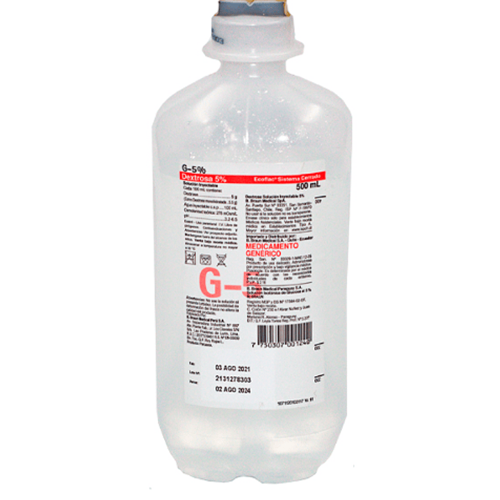 Glucosa Dextrosa 5 % Solución inyectable 250 ml. Braun se vende por caja de 20 unidades, valor unitario. 1