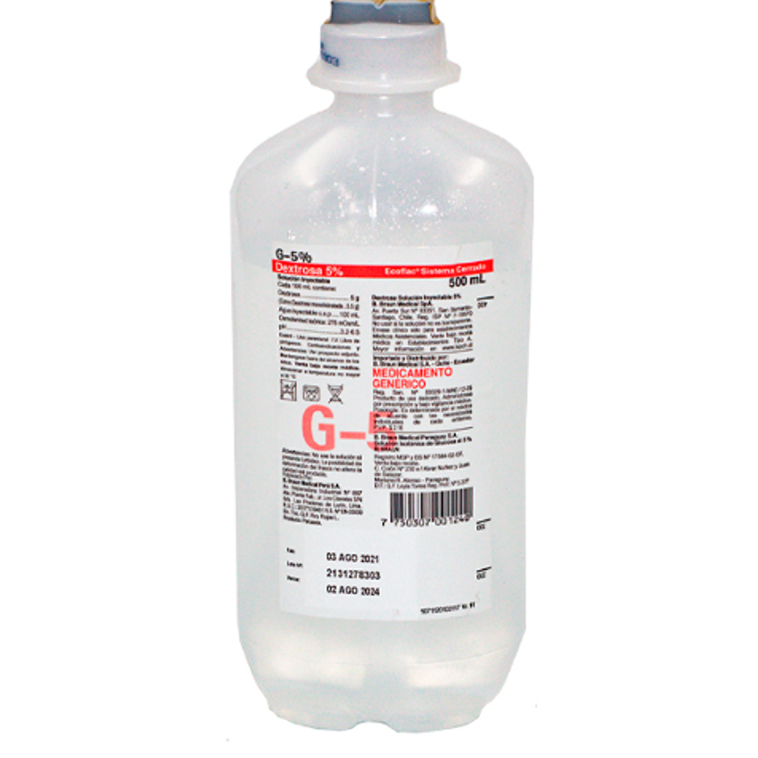 Glucosa Dextrosa 5 % Solución inyectable 500 ml. Braun. Se vende por caja 24 unidades, precio unitario. 1
