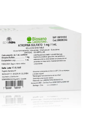 Atropina Sulfato 1 mg / 1 ml Solución inyectable 100 Ampollas. Biosano 