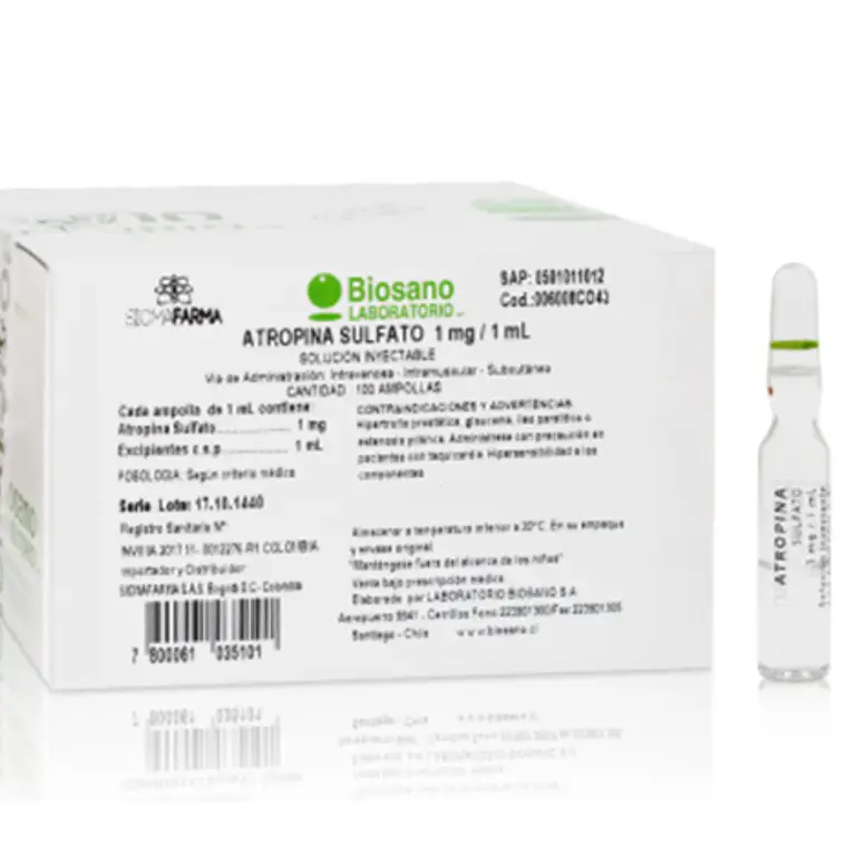 Atropina Sulfato 1 mg / 1 ml Solución inyectable 100 Ampollas. Biosano  1