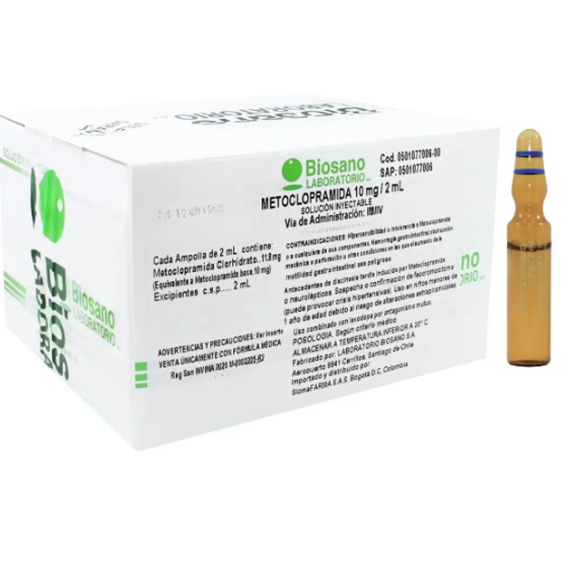 Metoclopramida  10 mg Solución inyectable 100 Ampollas 2 ml. Biosano  1