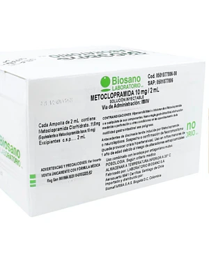 Metoclopramida  10 mg Solución inyectable 100 Ampollas 2 ml. Biosano 