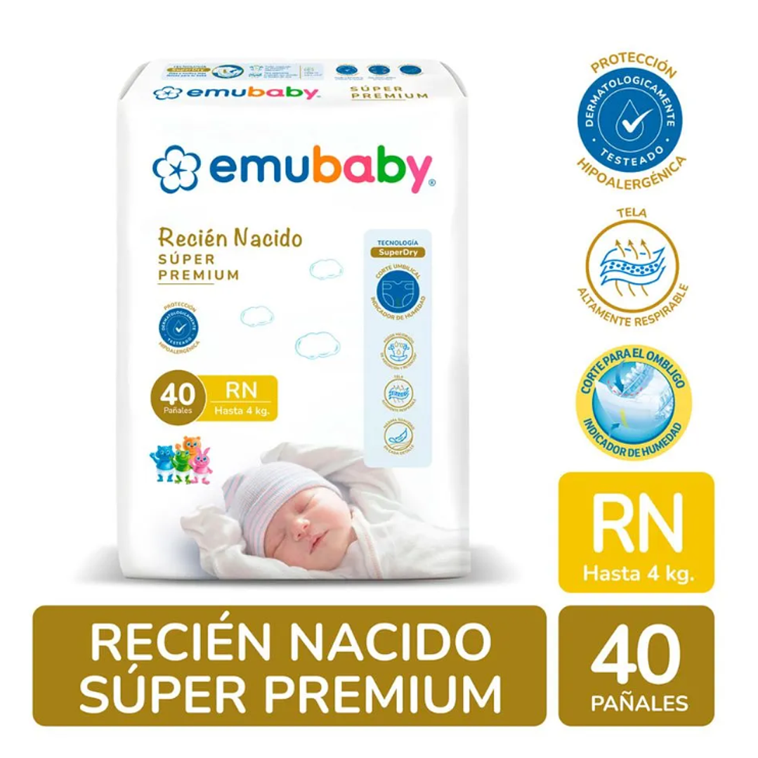 Emubaby Pañal Premiun Recién nacido 40 unidades. 1