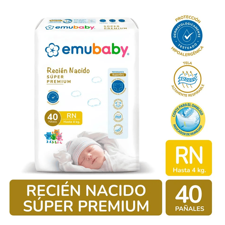Emubaby Pañal Premiun Recién nacido 40 unidades. 1