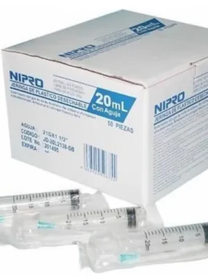 Jeringa 20 ml con aguja 21 1 1/2 Luer lock 50 unidades. Nipro