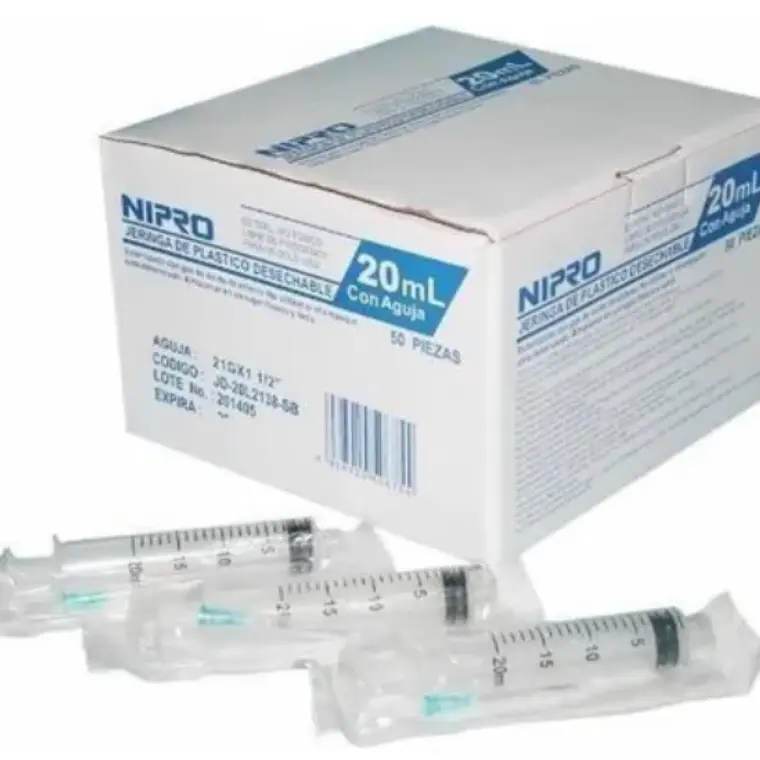 Jeringa 20 ml con aguja 21 1 1/2 Luer lock 50 unidades. Nipro 1