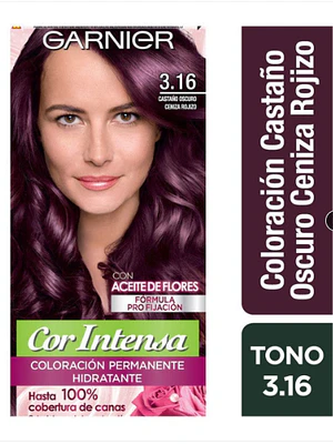 Tinte para el cabello Garnier Cor Intens 3.16 Castaño oscuro ceniza rojizo.
