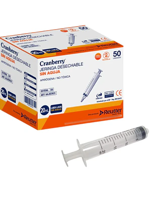 Cranberry Jeringa desechable sin aguja 20 ml Lock 50 Unidades.