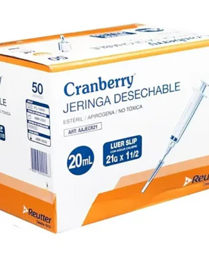Jeringa 20 ml Luer slilp con aguja 21x1 1/2 Cranberry 50 Unidades. Reutter