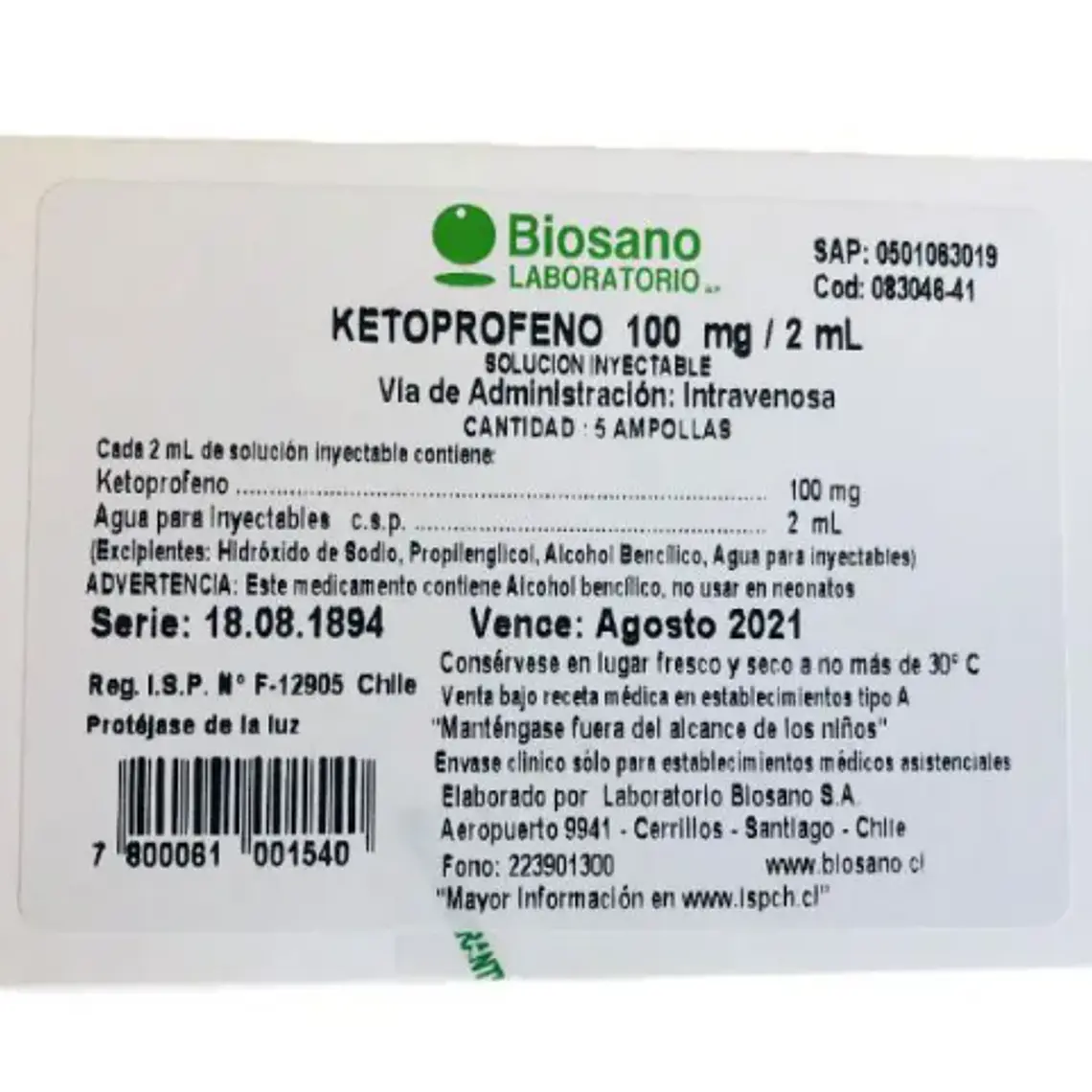 Ketoprofeno 100 mg Solución inyectable 100 Ampollas 2 ml. Biosano  1