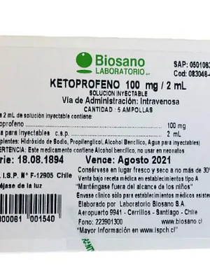 Ketoprofeno 100 mg Solución inyectable 100 Ampollas 2 ml. Biosano 