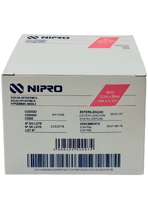 Agujas hipodérmicas 18 g x 1 1/2 Nipro 100 Unidades.