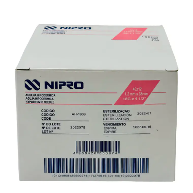 Agujas hipodérmicas 18 g x 1 1/2 Nipro 100 Unidades. 1