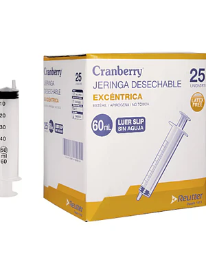 Jeringa Cranberry excéntrica 60 ml Luer slip sin aguja 25 Unidades