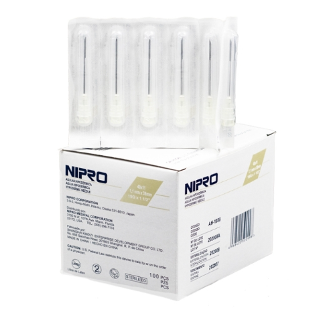Aguja hipodérmica 19 G x 1 1/2 Nipro 100 Unidades. 1