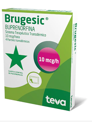 Brugesic  Buprenorfina 10 mcg/ hora 4 Parches. Medicamento controlado, venta presencial