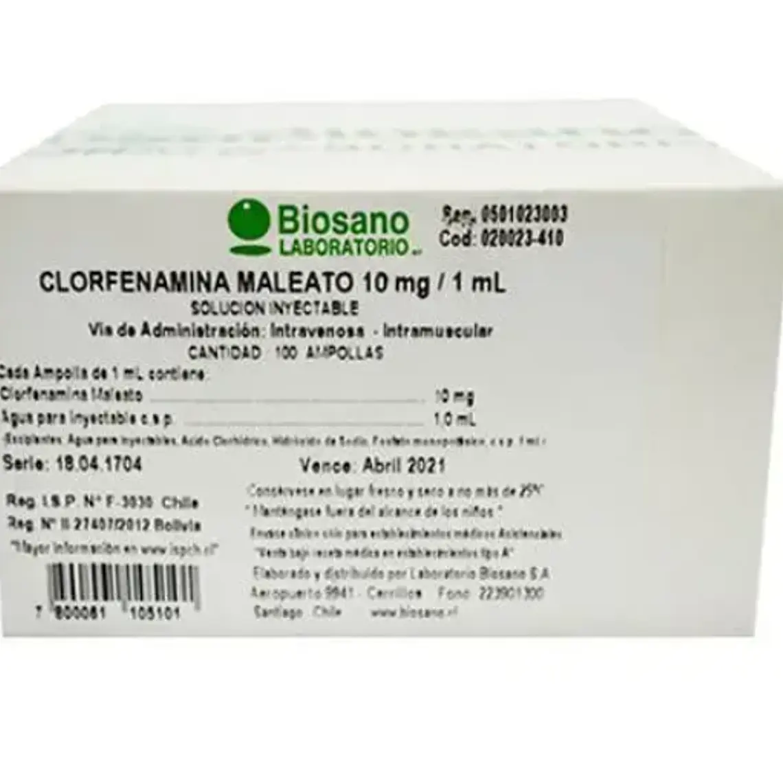 Clorfenamina Maleato 10 mg/ml Solución inyectable 100 Ampollas. Biosano 1