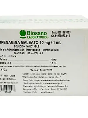Clorfenamina Maleato 10 mg/ml Solución inyectable 100 Ampollas. Biosano
