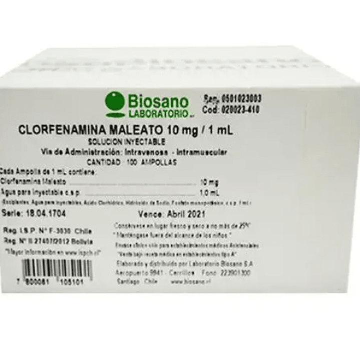 Clorfenamina Maleato Amp 10Mg/1 ml por 100 Biosano (Ec) 1