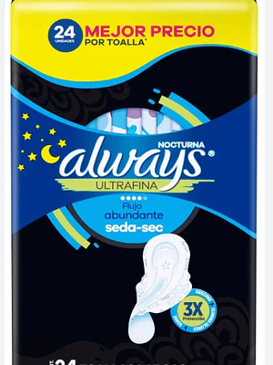 ALWAYS TOALLA NOCTURNA ULTRA FINA FLUJO ABUNDANTE X 24 UND