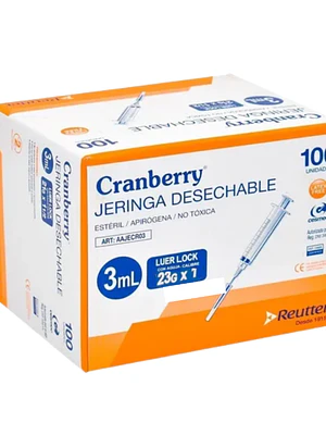 Jeringa Cranberry 3 ml con aguja 23 x 1 Luer lock 100 Unidades.