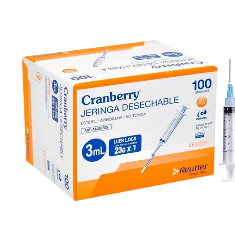 Jeringa Cranberry 3 ml con aguja 23 x 1 Luer lock 100 Unidades. 1