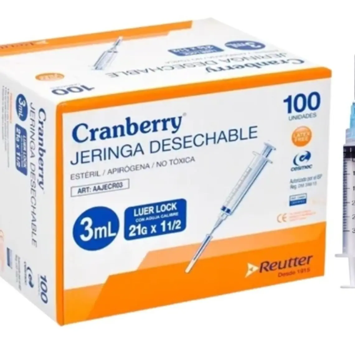 Jeringa Cranberry 3 ml con aguja 21G x 1 1/2 Luer lock 100 Unidades. 1