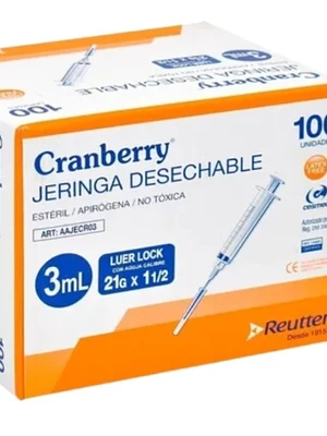 Jeringa Cranberry 3 ml con aguja 21G x 1 1/2 Luer lock 100 Unidades.