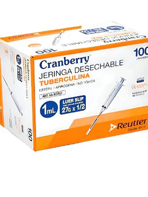 Jeringa tuberculina 1 ml con aguja 27 x 1/2 Cranberry 100 Unidades.