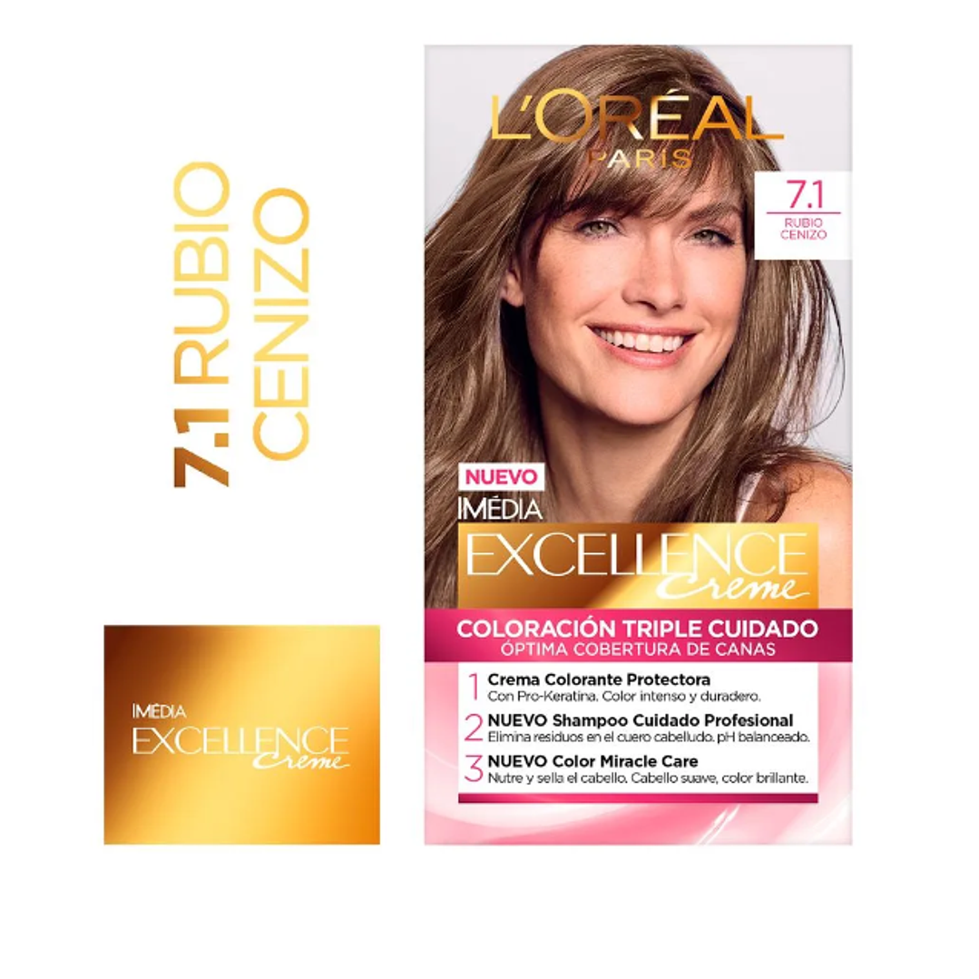 Coloración Excellence  Creme 7.1 Rubio cenizo. L'oréal 1