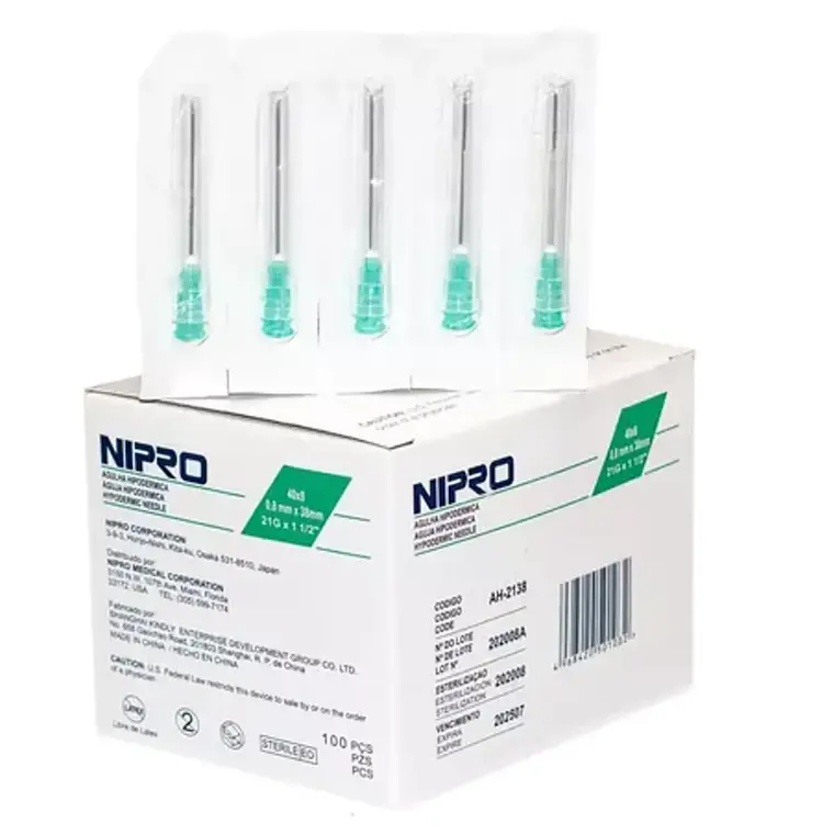 Agujas hipodérmicas 21 G x 1 1/2 Nipro 100 Unidades. 1